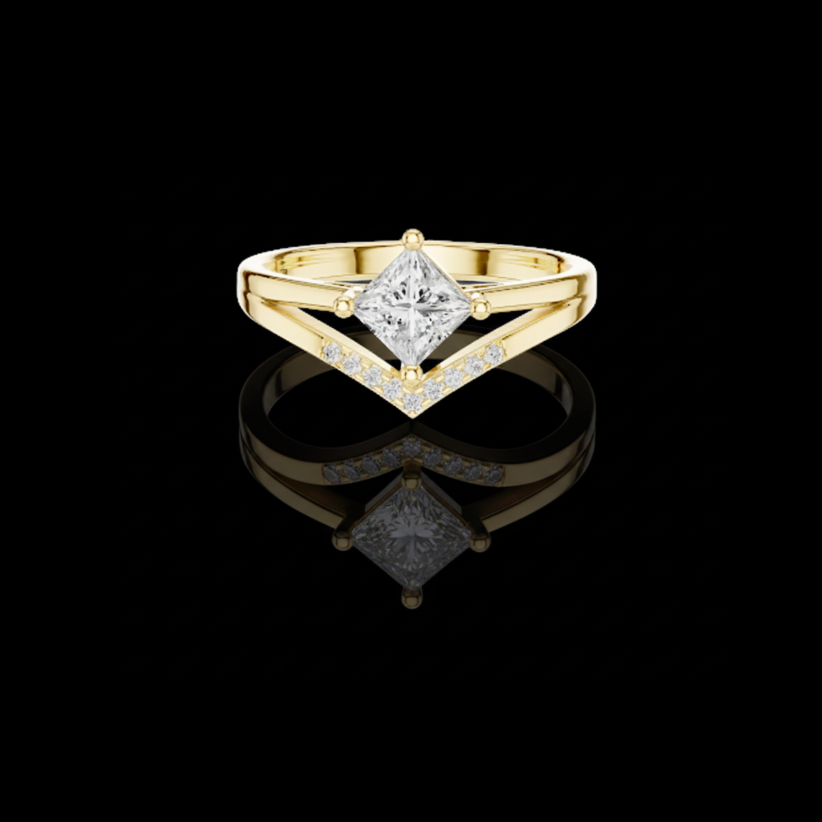 princess cut moissanite diamond chevron engagement ring