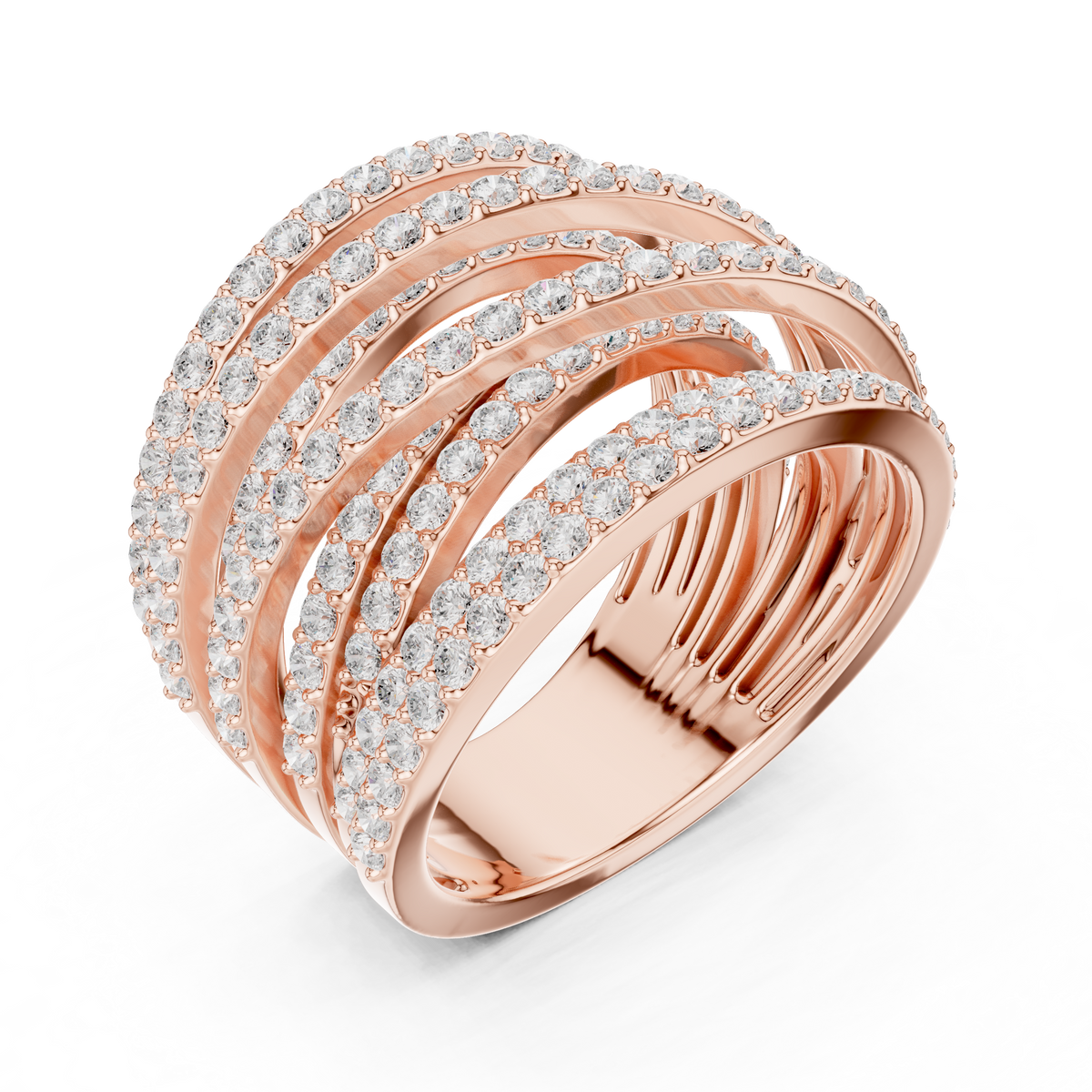 Round Cut Moissanite Diamond Multi Row Crossover Statement Ring - View 3