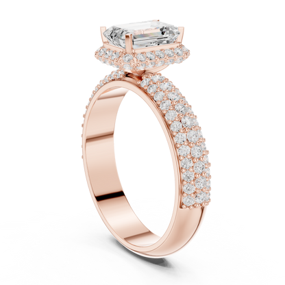 Emerald Cut Hidden Halo Moissanite Diamond Ring with Wide Pave Band - View 3