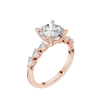 Round Cut Brilliant Moissanite Diamond Ring With Pear Accents Band - View 5