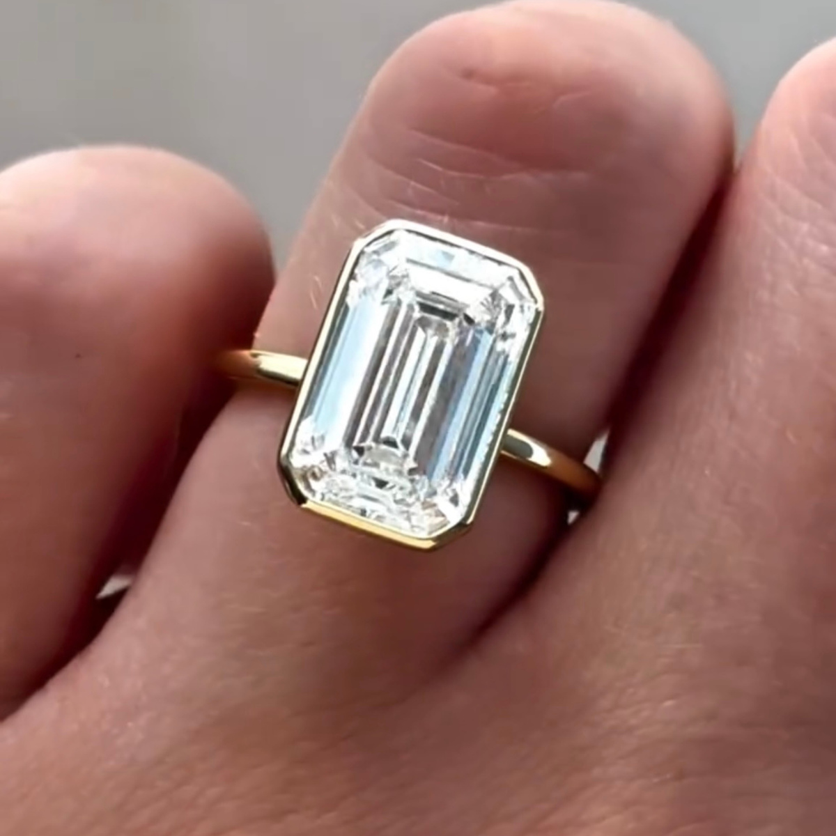 emerald cut lab diamond bezel solitaire engagement ring - view 2