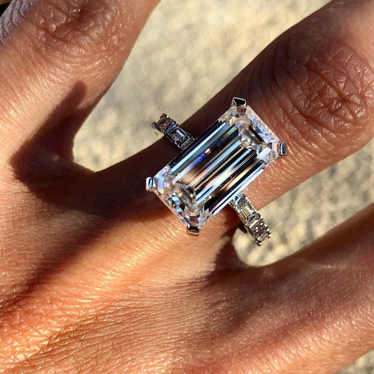 emerald cut moissanite diamond engagement ring with baguette sides - view 4