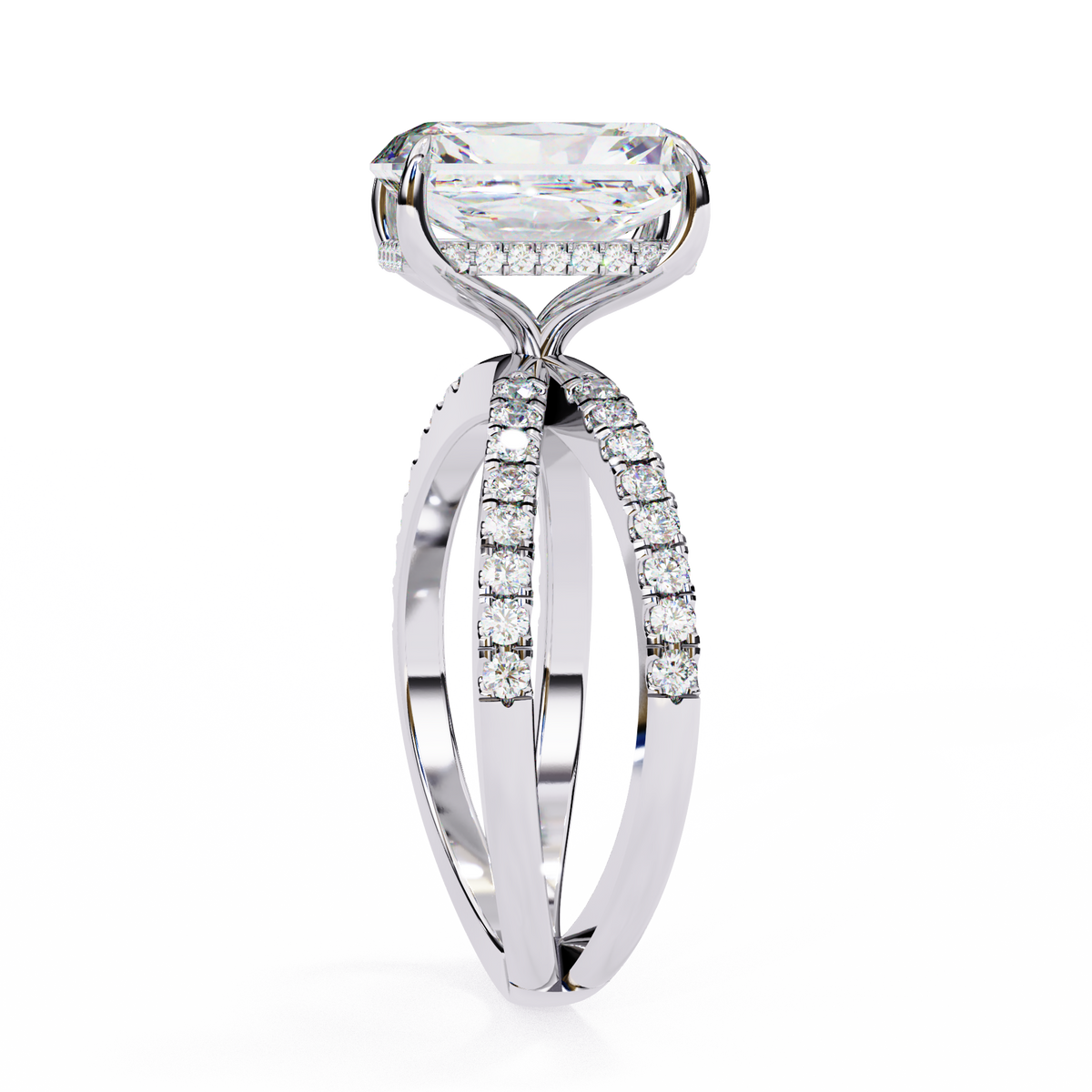 Emerald Cut Split Shank Pave Lab Diamond Engagement Ring - View 7