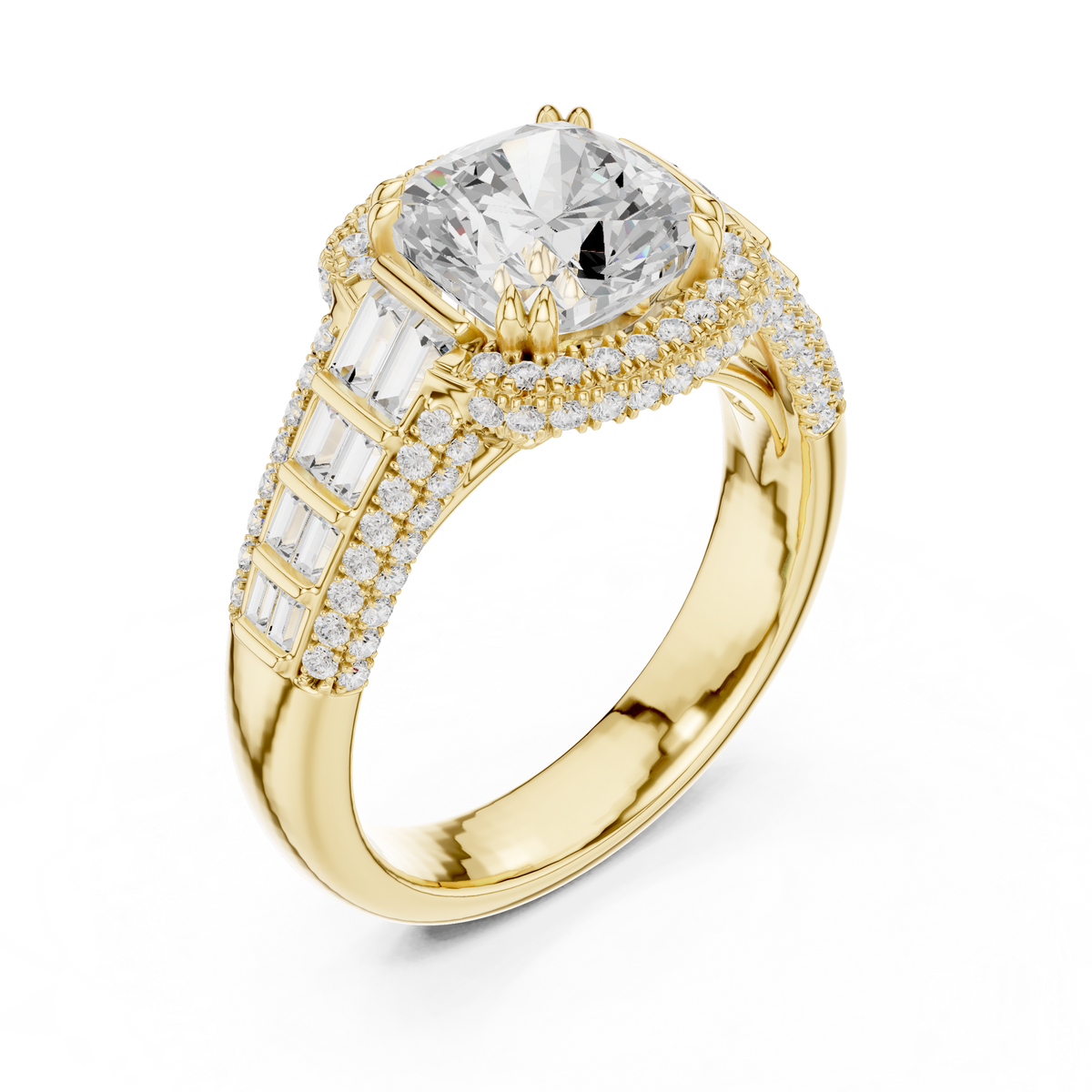 Split Shank Round Halo Cushion Cut Moissanite Diamond Wedding Ring - View 2