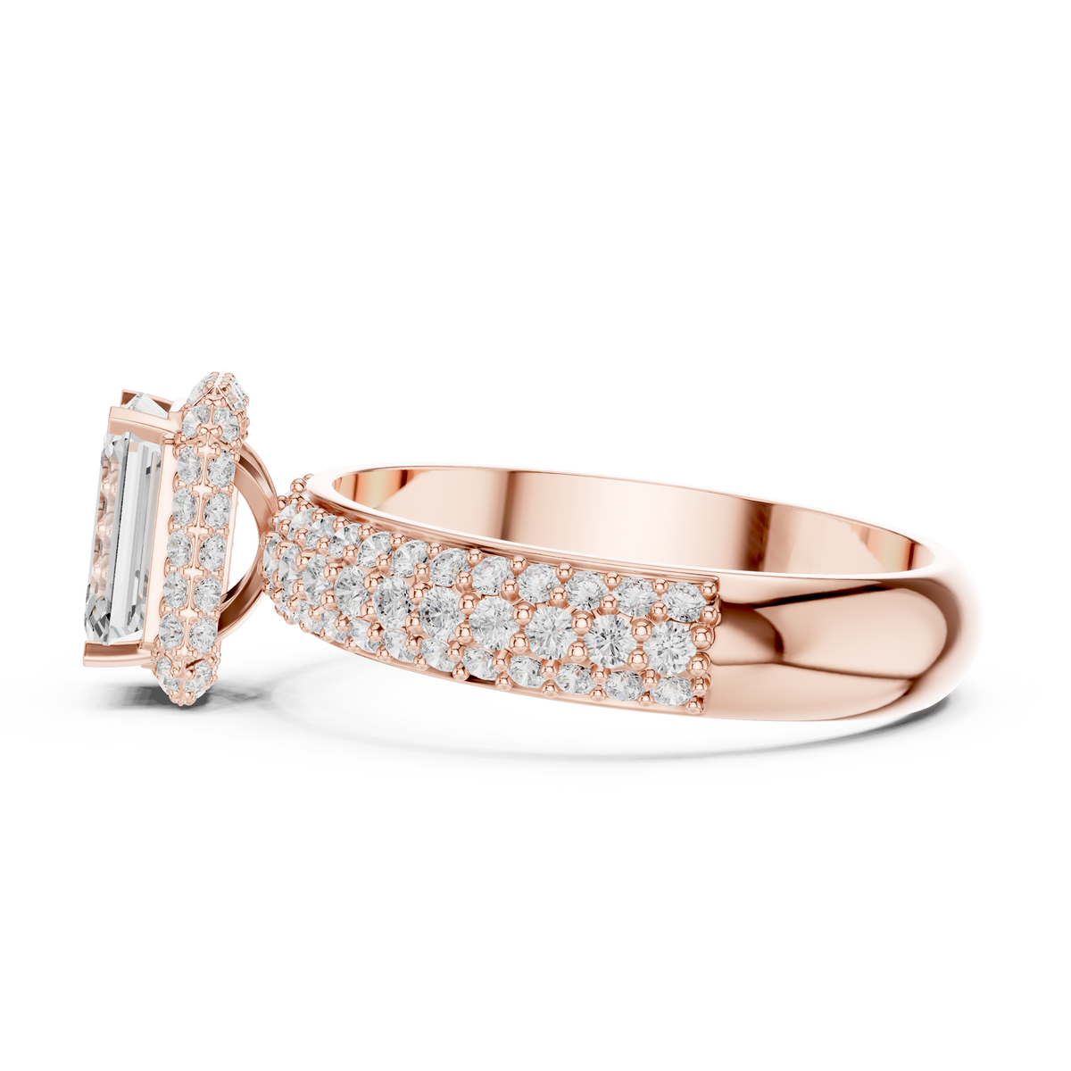 Emerald Cut Hidden Halo Moissanite Diamond Ring with Wide Pave Band - View 9