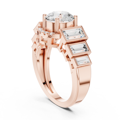 Round Halo Lab Diamond Ring with Tapered Baguette Side Stones - View 11