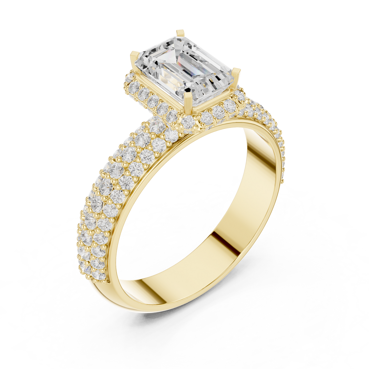 Emerald Cut Hidden Halo Moissanite Diamond Ring with Wide Pave Band - View 8