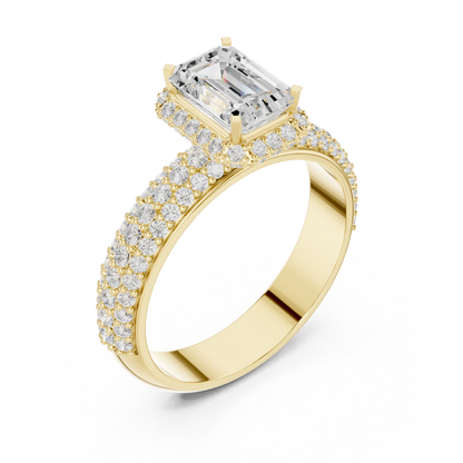 Emerald Cut Hidden Halo Moissanite Diamond Ring with Wide Pave Band - View 8