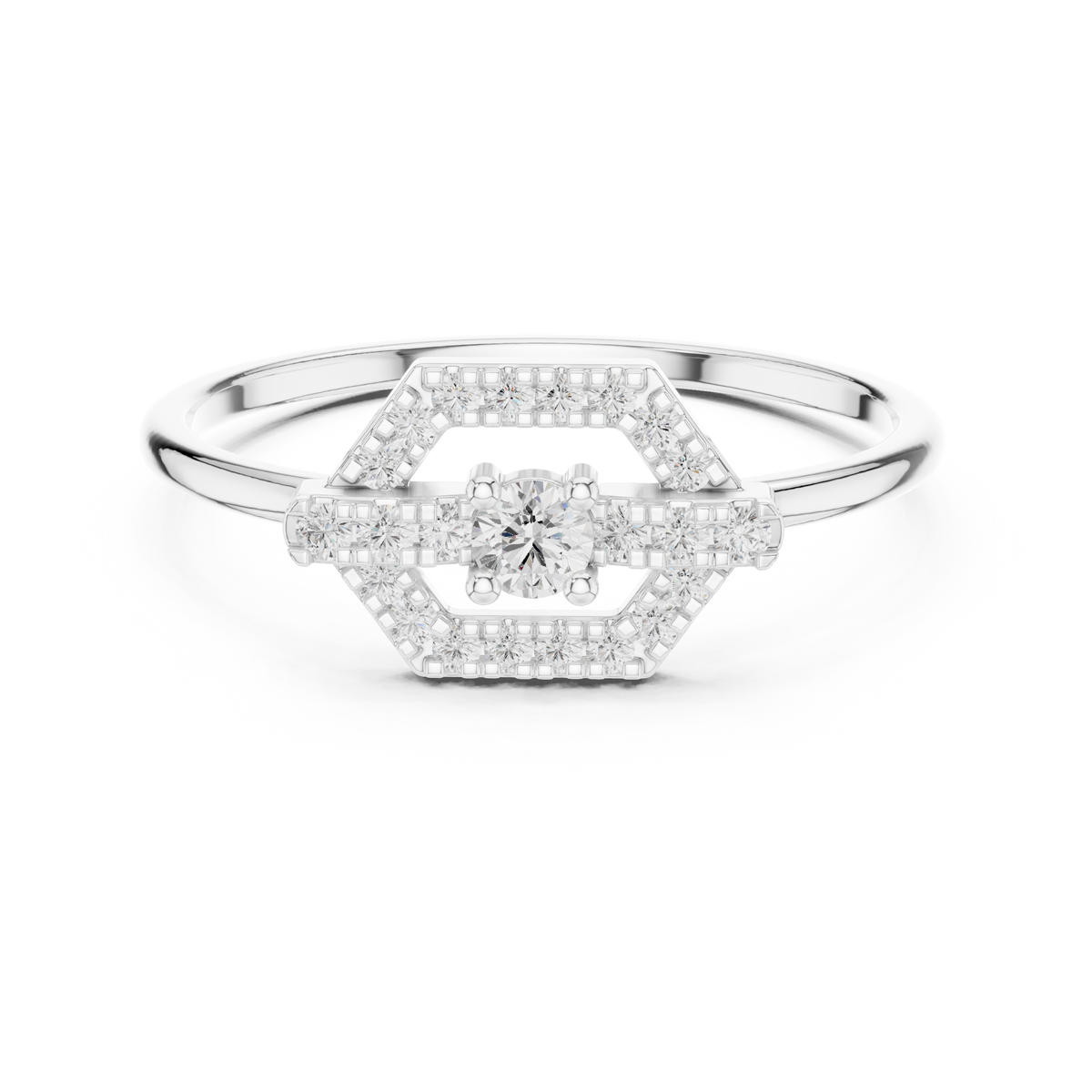 Hexagon Shape Pave Setting Round Lab Diamond Statement Engagement Ring - View 3