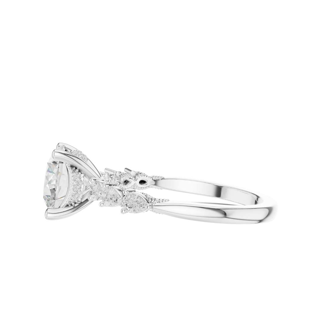 round cut brilliant moissanite diamond ring with pear accents band - view 9