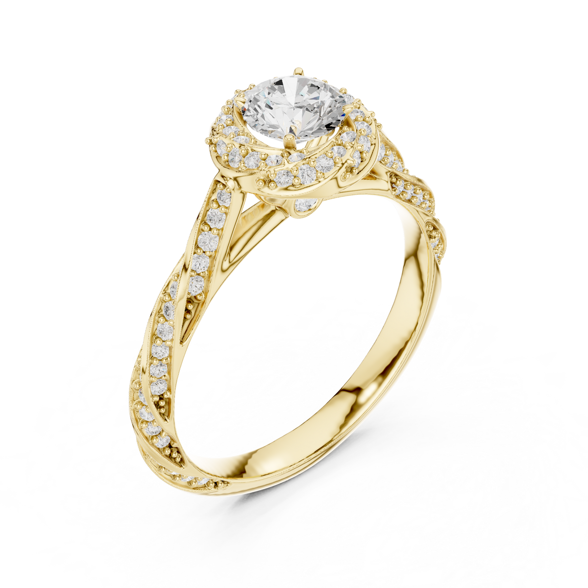 round cut lab diamond halo twisted split shank ring - view 2