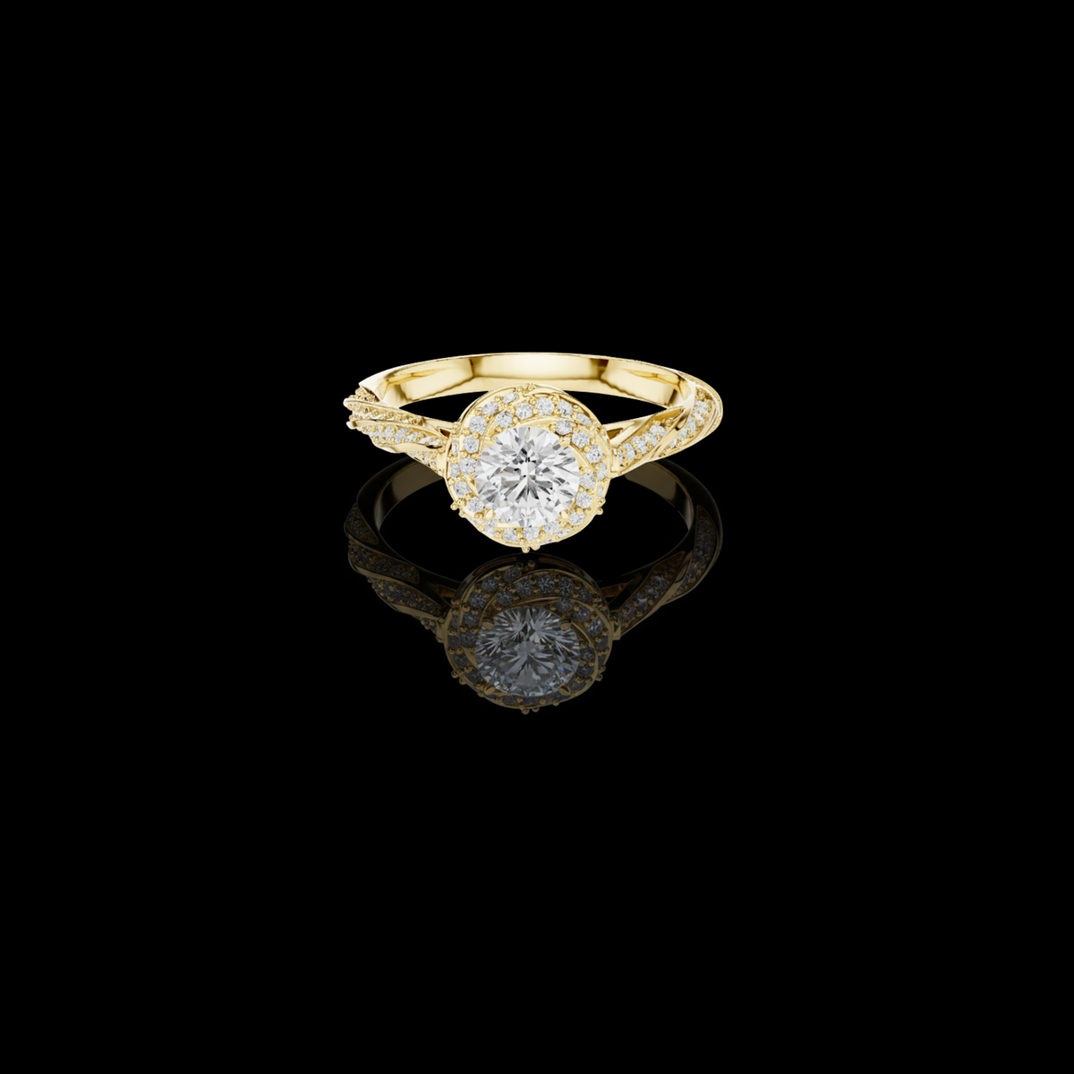 Round Cut Lab Diamond Halo Twisted Split Shank Ring