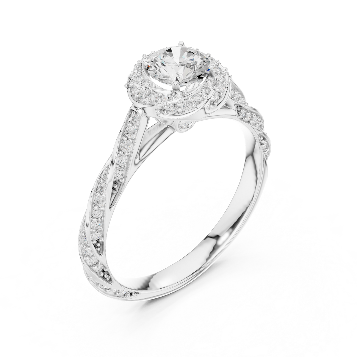 Round Cut Lab Diamond Halo Twisted Split Shank Ring - View 4