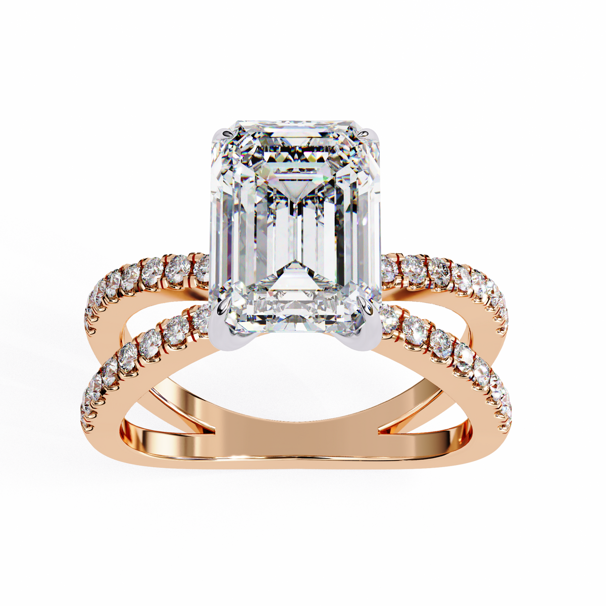 Emerald Cut Split Shank Pave Lab Diamond Engagement Ring - View 3