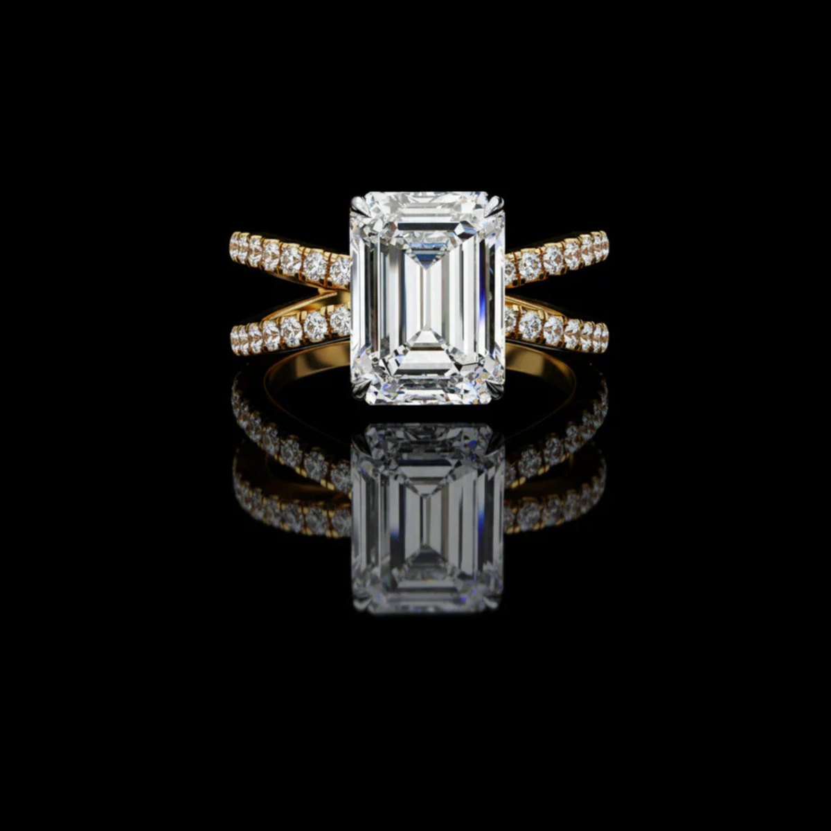 emerald cut split shank pave lab diamond engagement ring