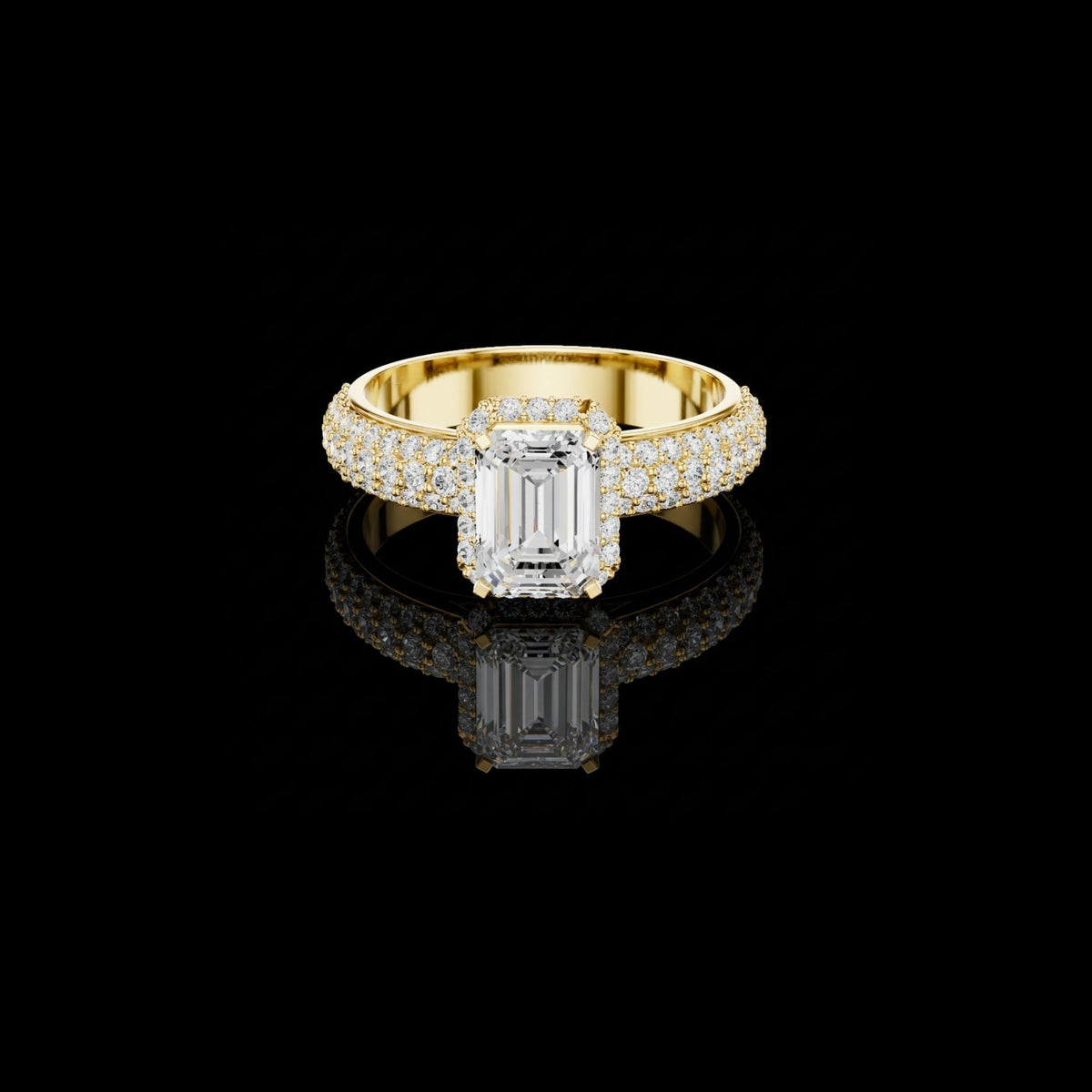 emerald cut hidden halo moissanite diamond ring with wide pave band