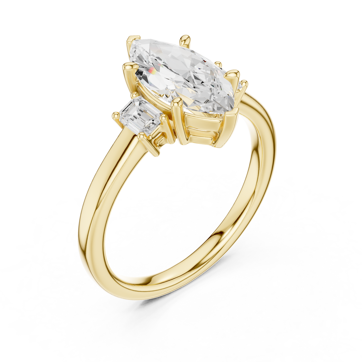 Marquise Engagement Three Stone Ring with Lab Diamond Emerald Side Stone - View 2