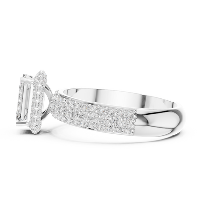 Emerald Cut Hidden Halo Moissanite Diamond Ring with Wide Pave Band - View 2
