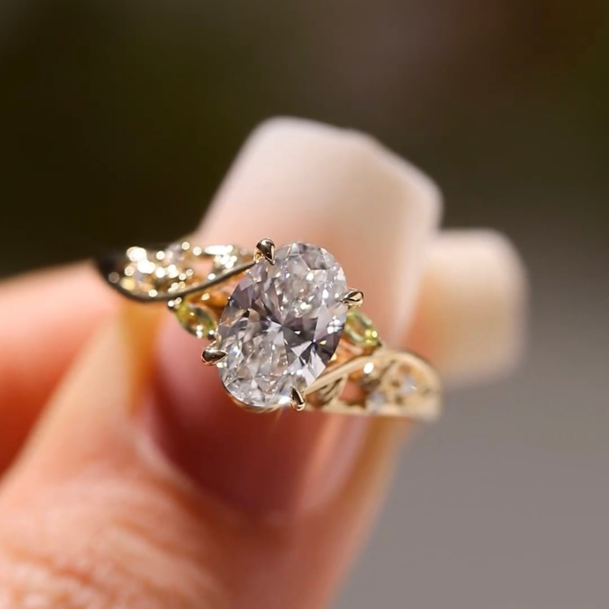 nature inspired oval lab diamond solitaire delicate ring