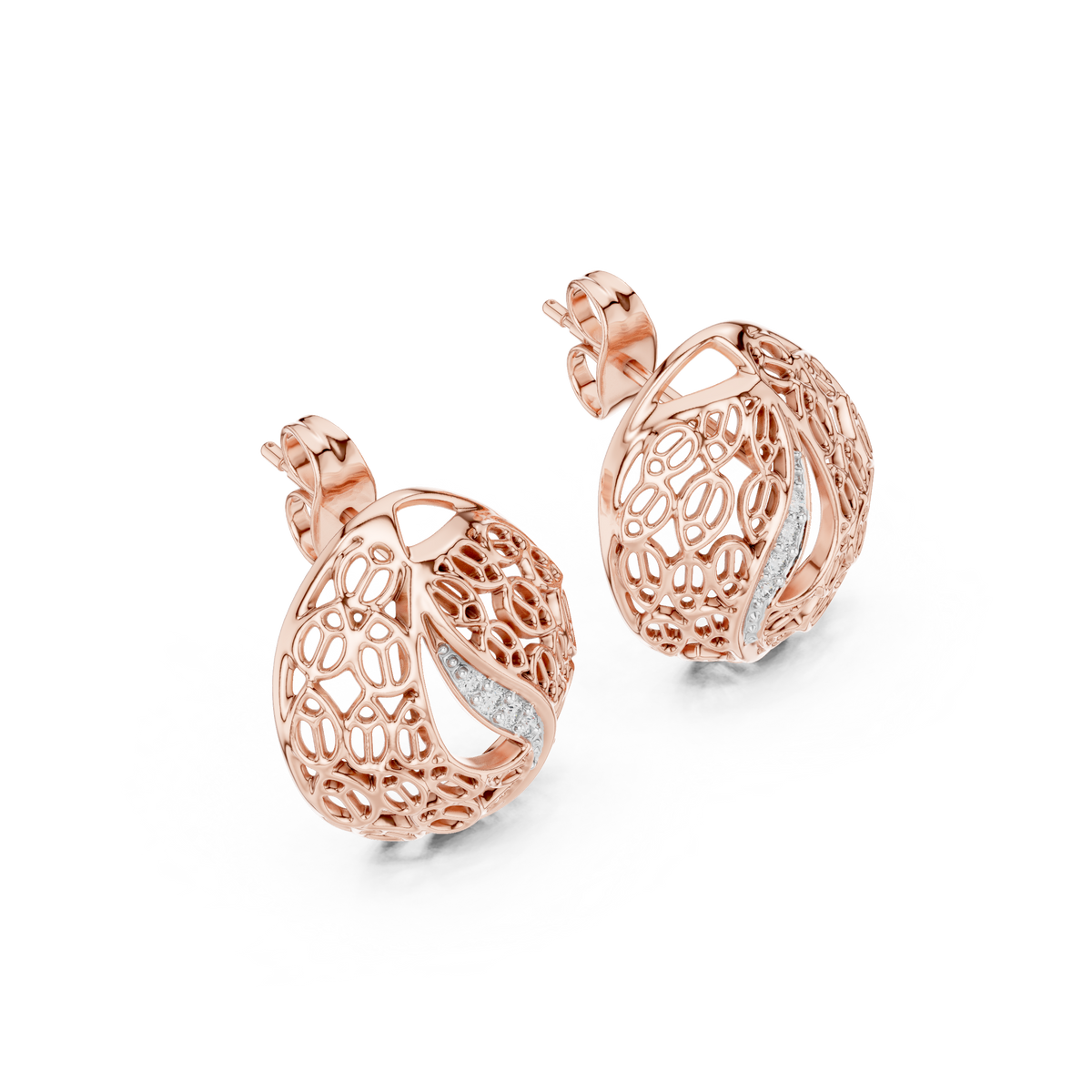 Artisan Filigree Wave Round Moissanite Diamond Stud Earrings with Curved Pave Accent - View 5