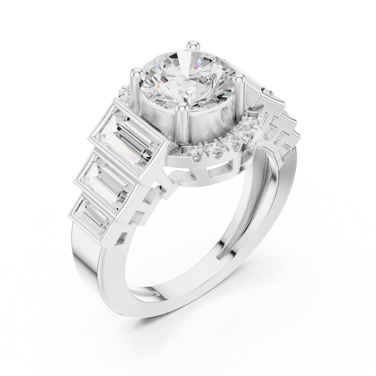 Round Halo Lab Diamond Ring with Tapered Baguette Side Stones - View 6