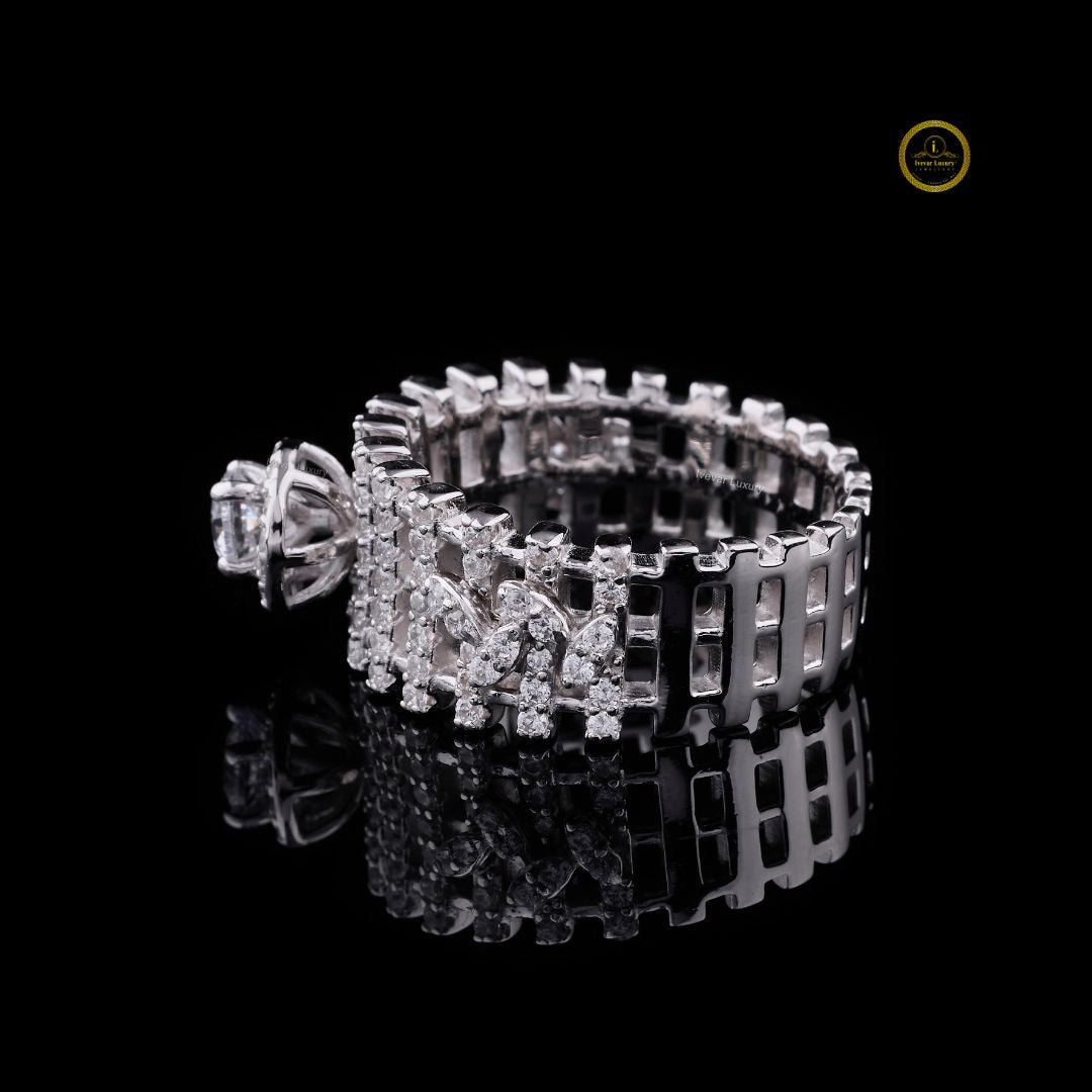 Round Moissanite Diamond Ladder Pave Statement Ring - View 3