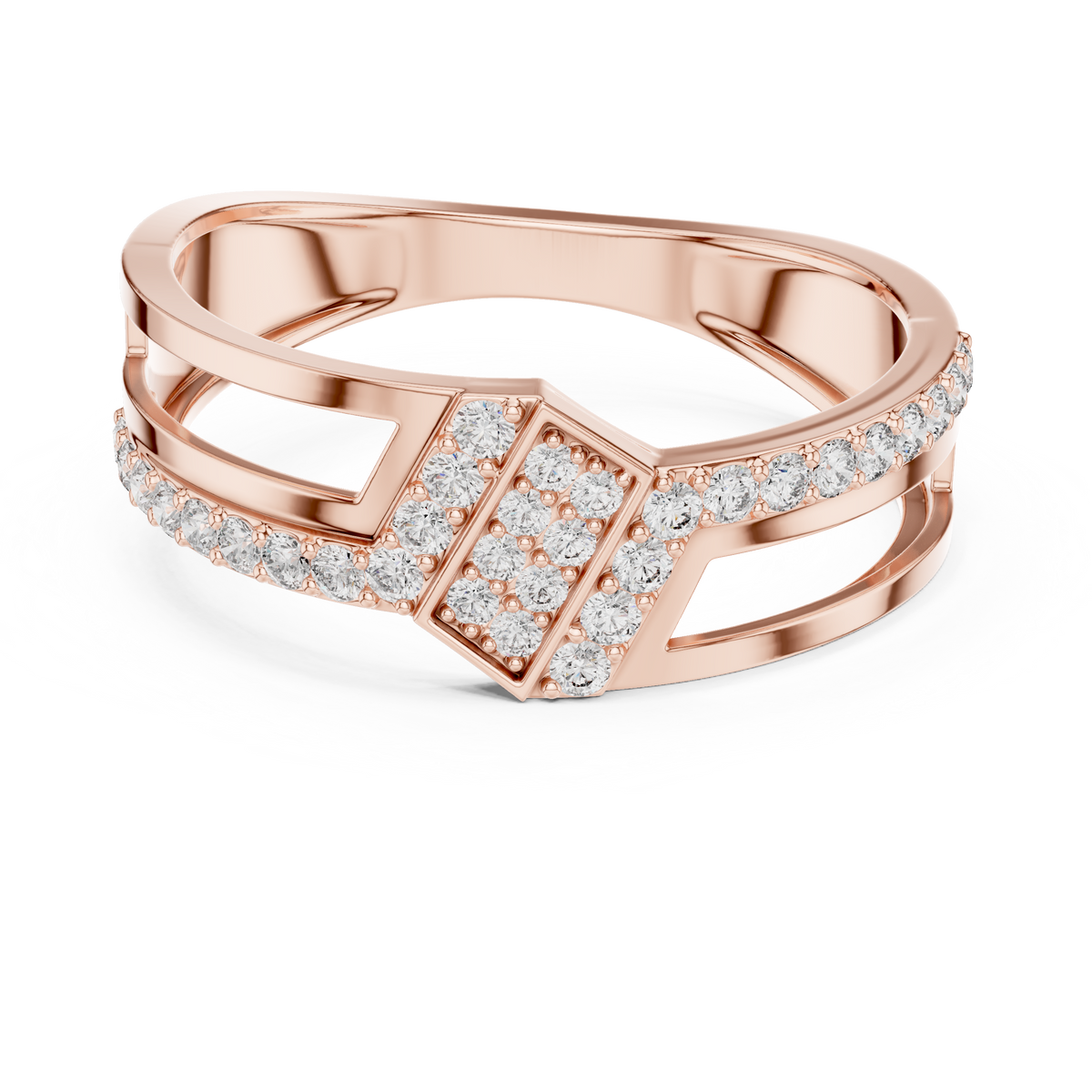 Round Lab Diamond Openwork Statement Ring Geometric Pave Band - View 2