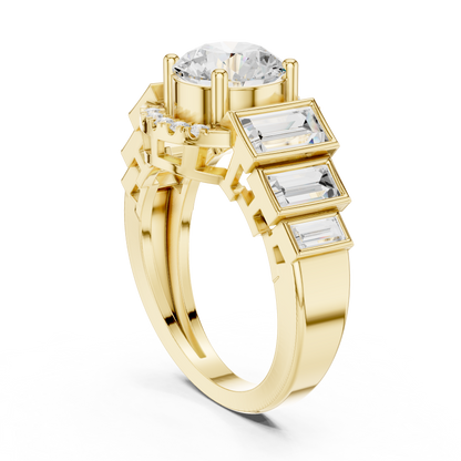 Round Halo Lab Diamond Ring with Tapered Baguette Side Stones - View 10
