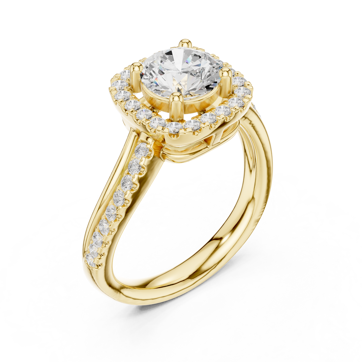 Round Halo Split Shank Moissanite Diamond Ring - View 4