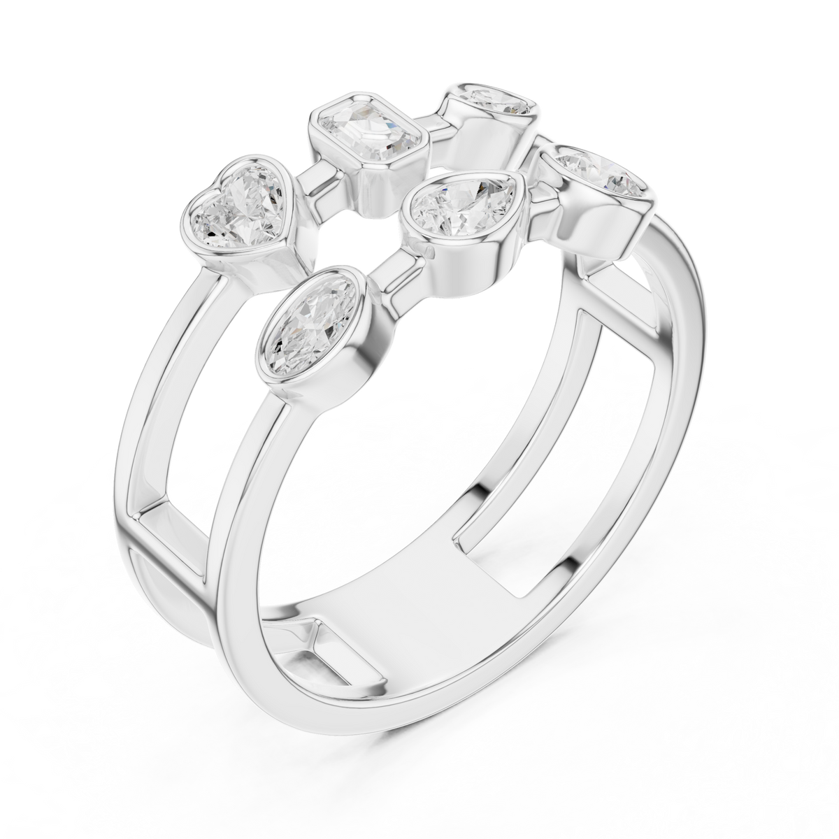 Mixed Shape Bezel Set Lab Diamond Open Double Row Minimal Ring - View 8