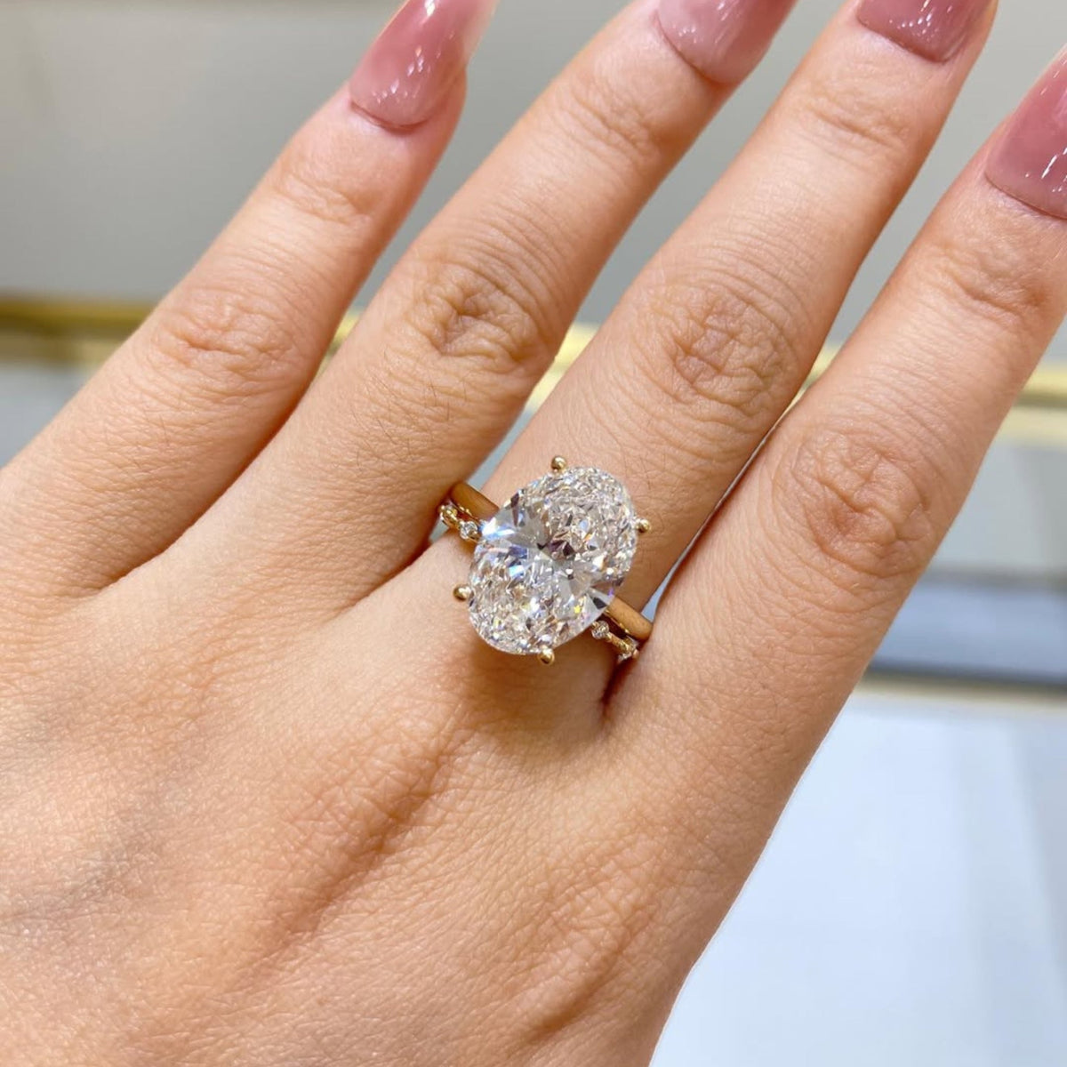 Hidden Halo Oval Moissanite Diamond Engagement Ring With Minimalist Band - View 4