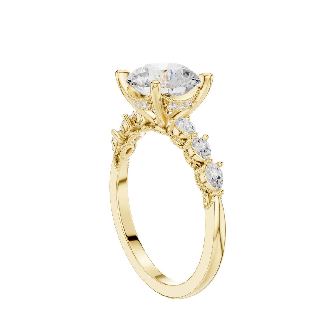 Round Cut Brilliant Moissanite Diamond Ring With Pear Accents Band - View 10