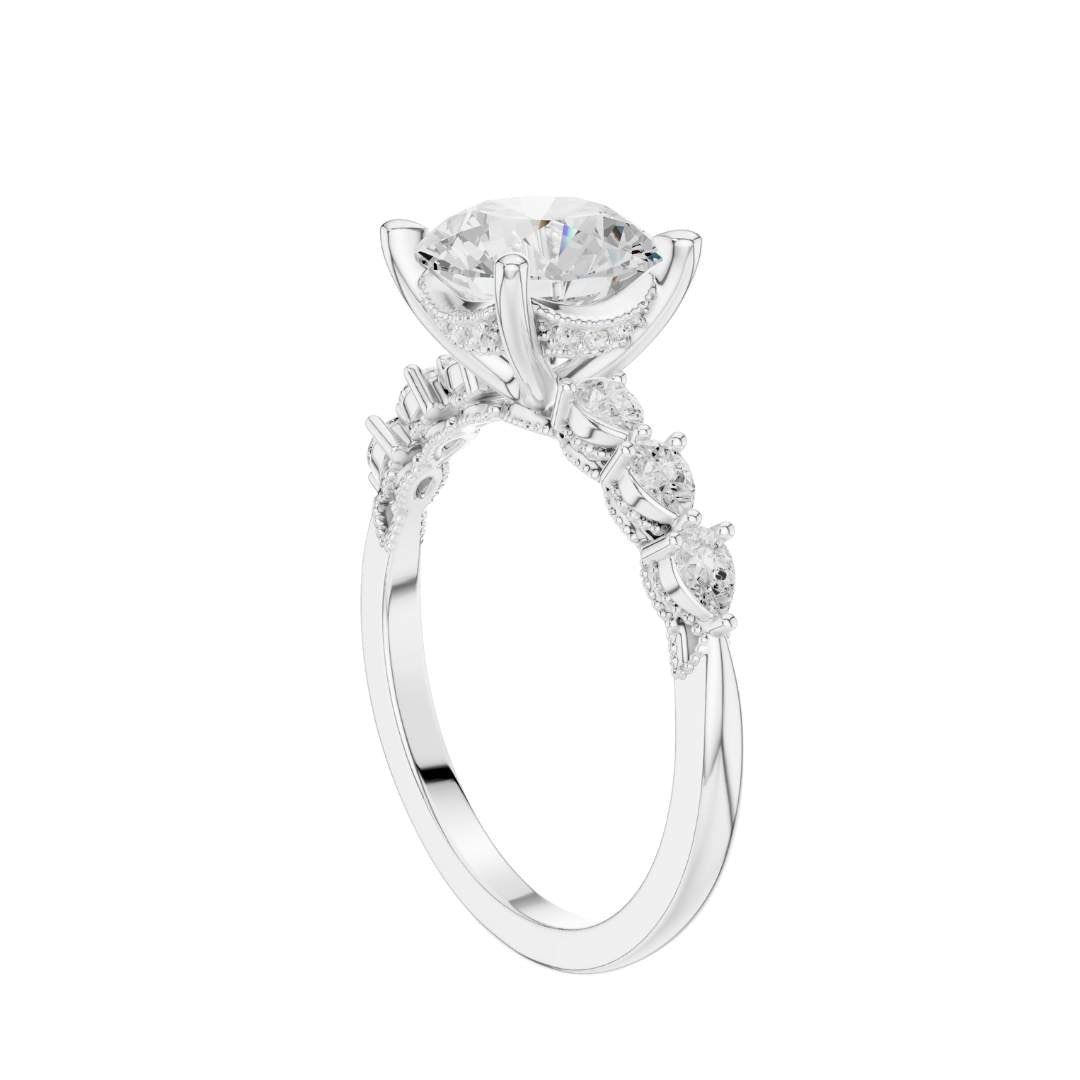 Round Cut Brilliant Moissanite Diamond Ring With Pear Accents Band - View 12