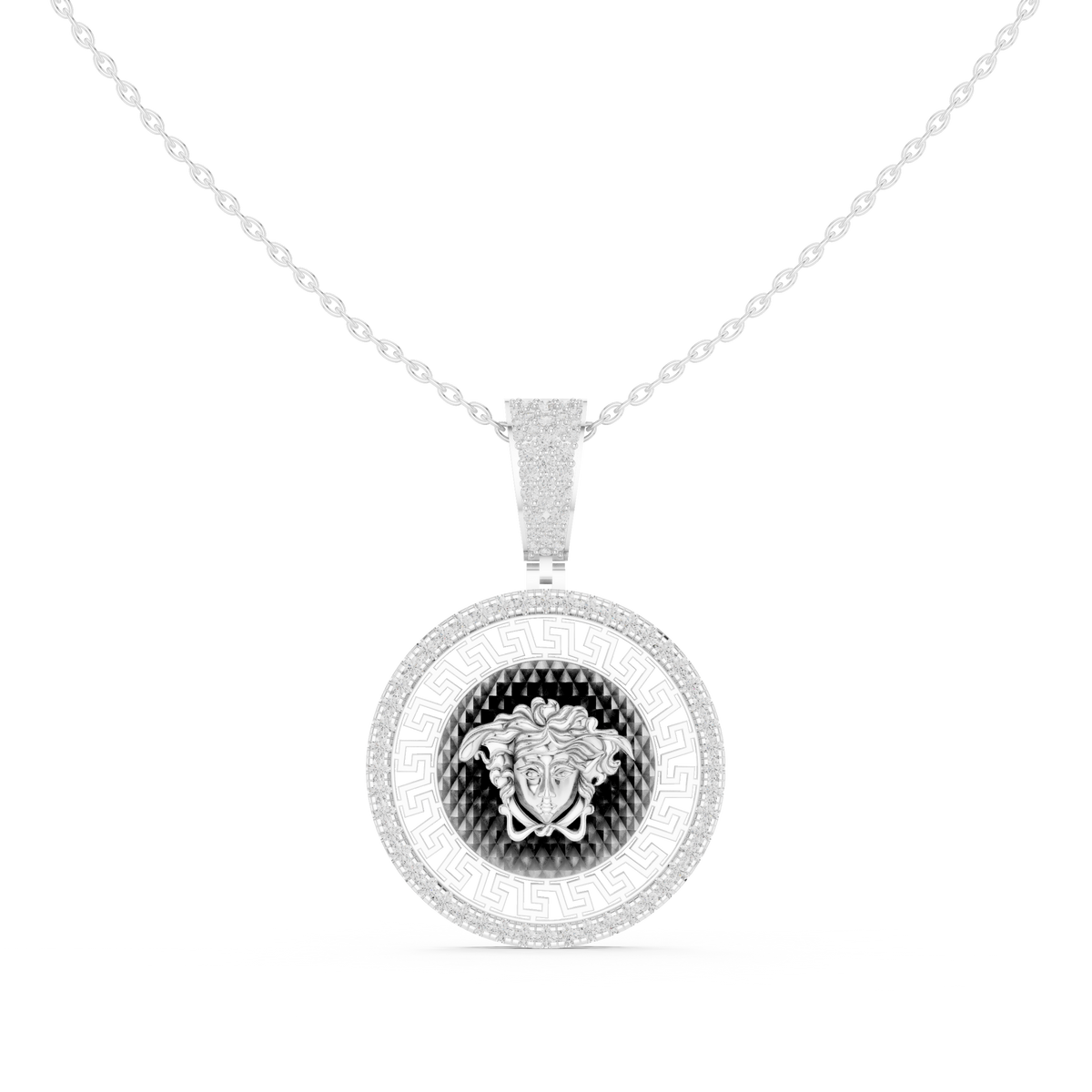 Greek Key Pattern Statement Charm Featuring Round Moissanite Diamond - View 3