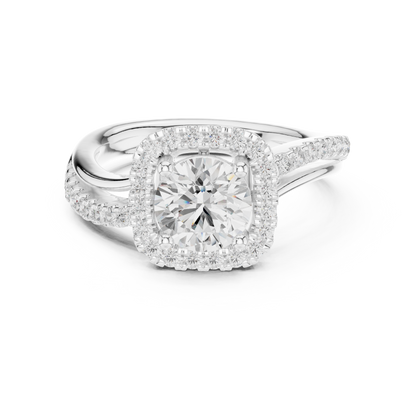 Round Halo Split Shank Moissanite Diamond Ring - View 3