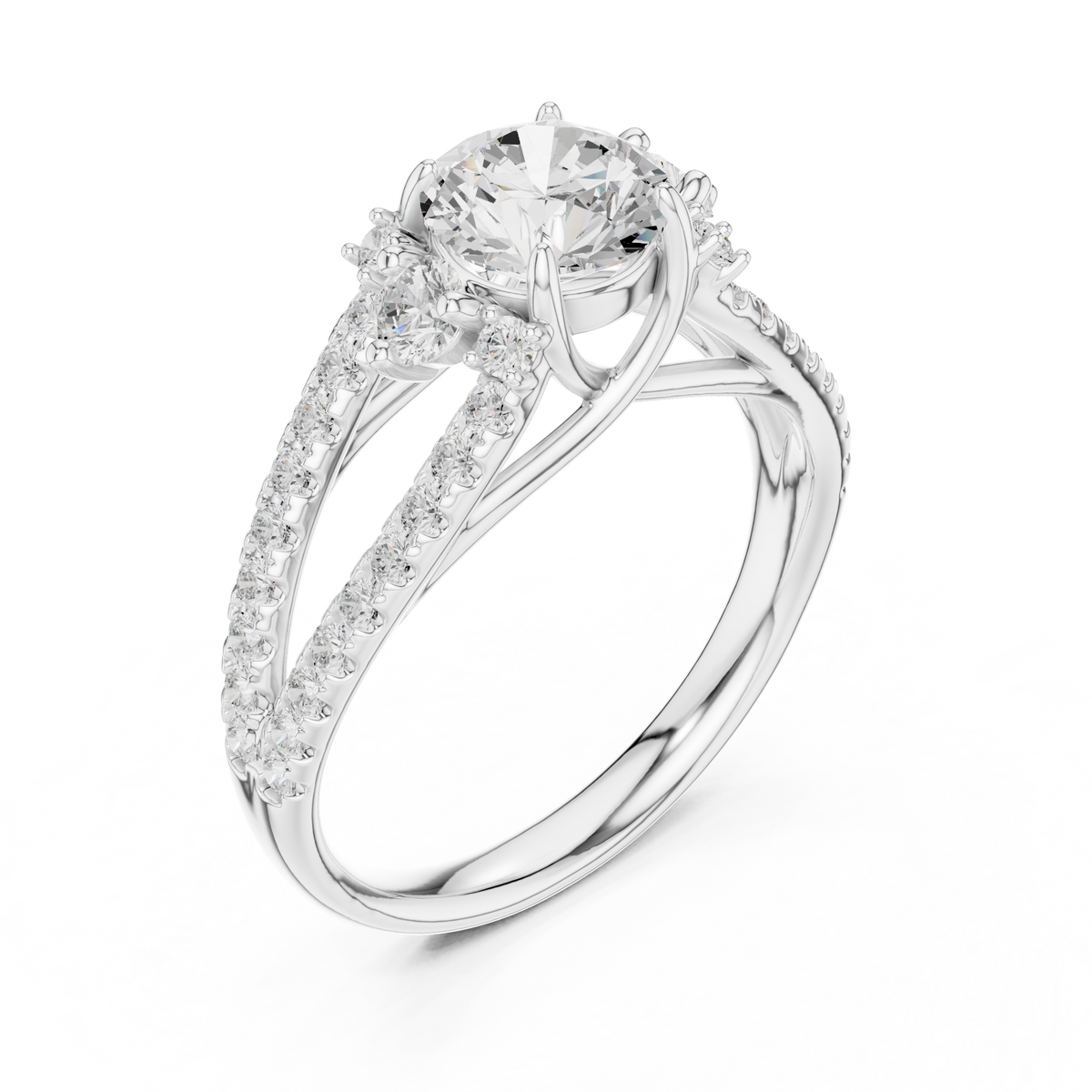 Split Shank Round Cut Lab Diamond Pave Setting Engagement Ring - View 4