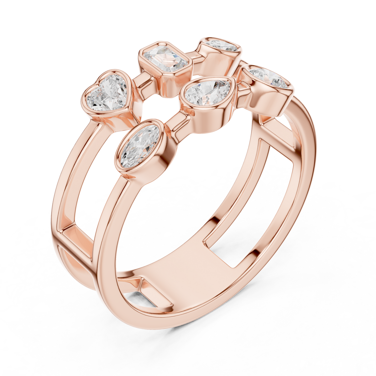 Mixed Shape Bezel Set Lab Diamond Open Double Row Minimal Ring - View 5