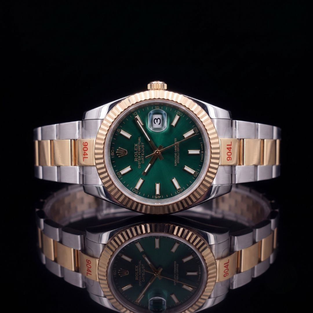two-tone green dial date automatic wristwatch