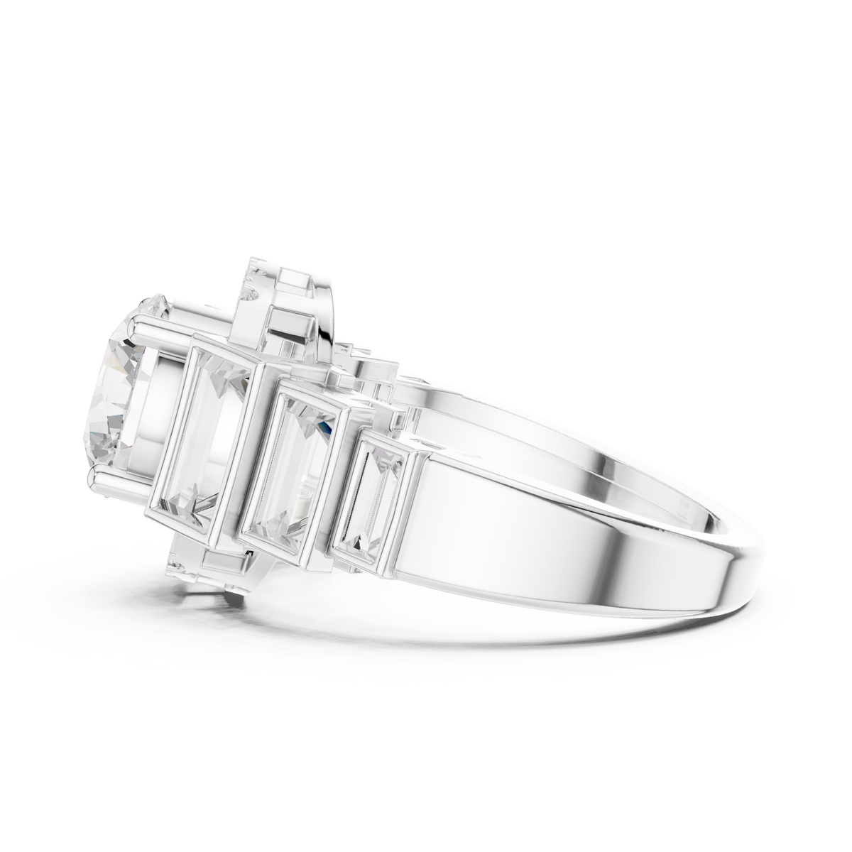 Round Halo Lab Diamond Ring with Tapered Baguette Side Stones - View 9
