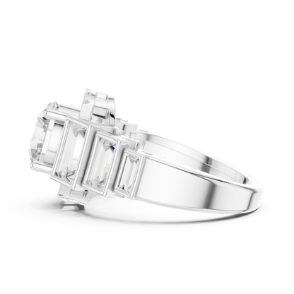 Round Halo Lab Diamond Ring with Tapered Baguette Side Stones - View 9