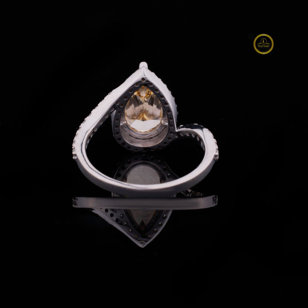Fancy Vivid Yellow Pear Moissanite Diamond Ring Halo Diamond Wedding Band - View 4