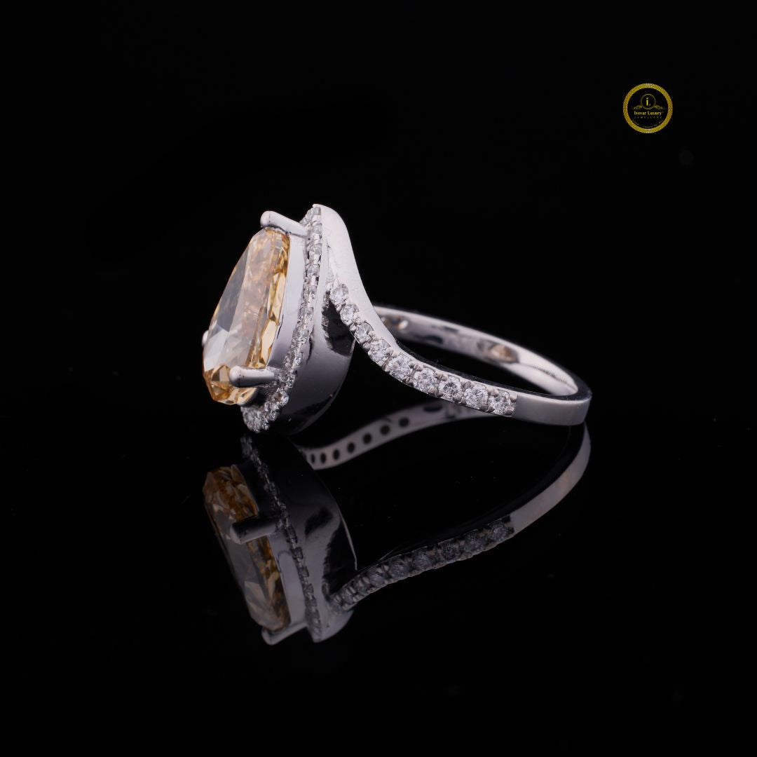 Fancy Vivid Yellow Pear Moissanite Diamond Ring Halo Diamond Wedding Band - View 3