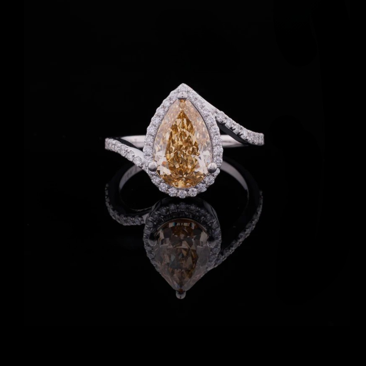 Fancy Vivid Yellow Pear Moissanite Diamond Ring Halo Diamond Wedding Band