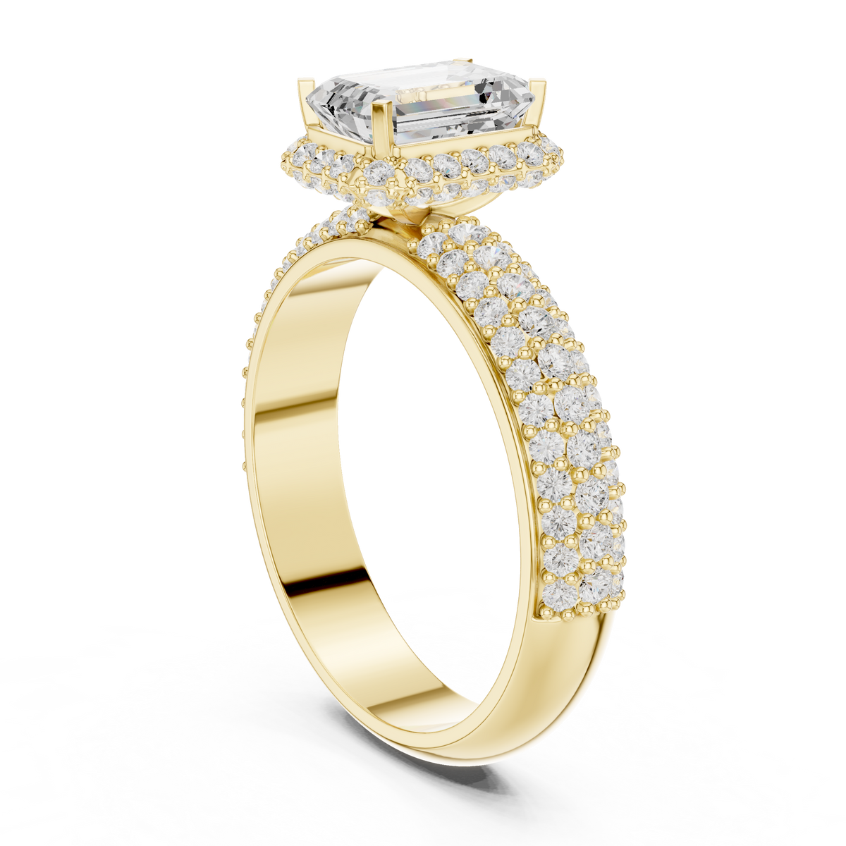 emerald cut hidden halo moissanite diamond ring with wide pave band - view 7