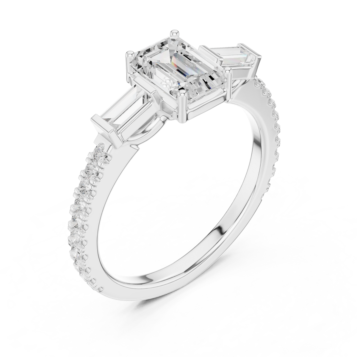Emerald With Baguette Three Stone Lab Diamond Engagement Ring - View 6