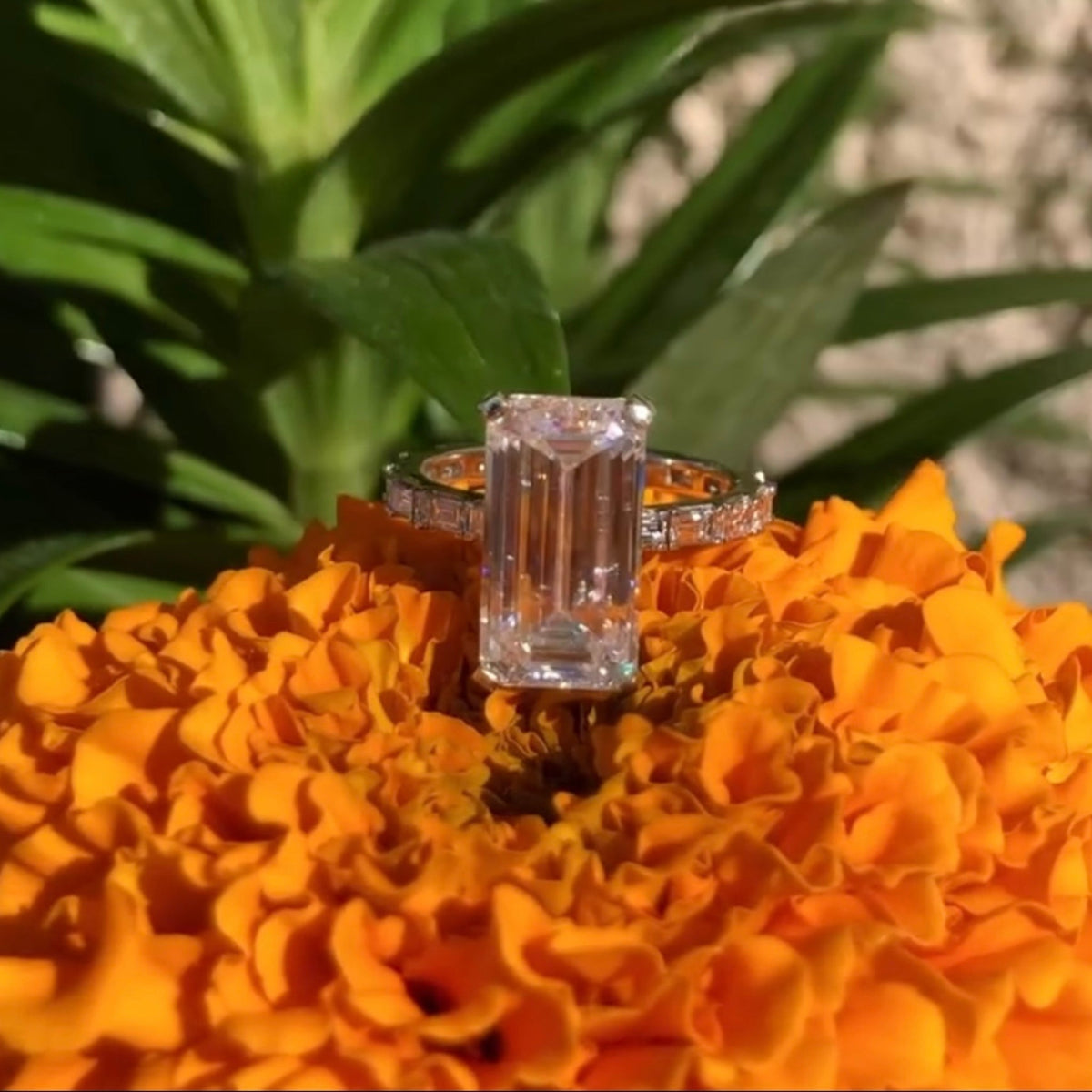 Emerald Cut Moissanite Diamond Engagement Ring With Baguette Sides - View 2