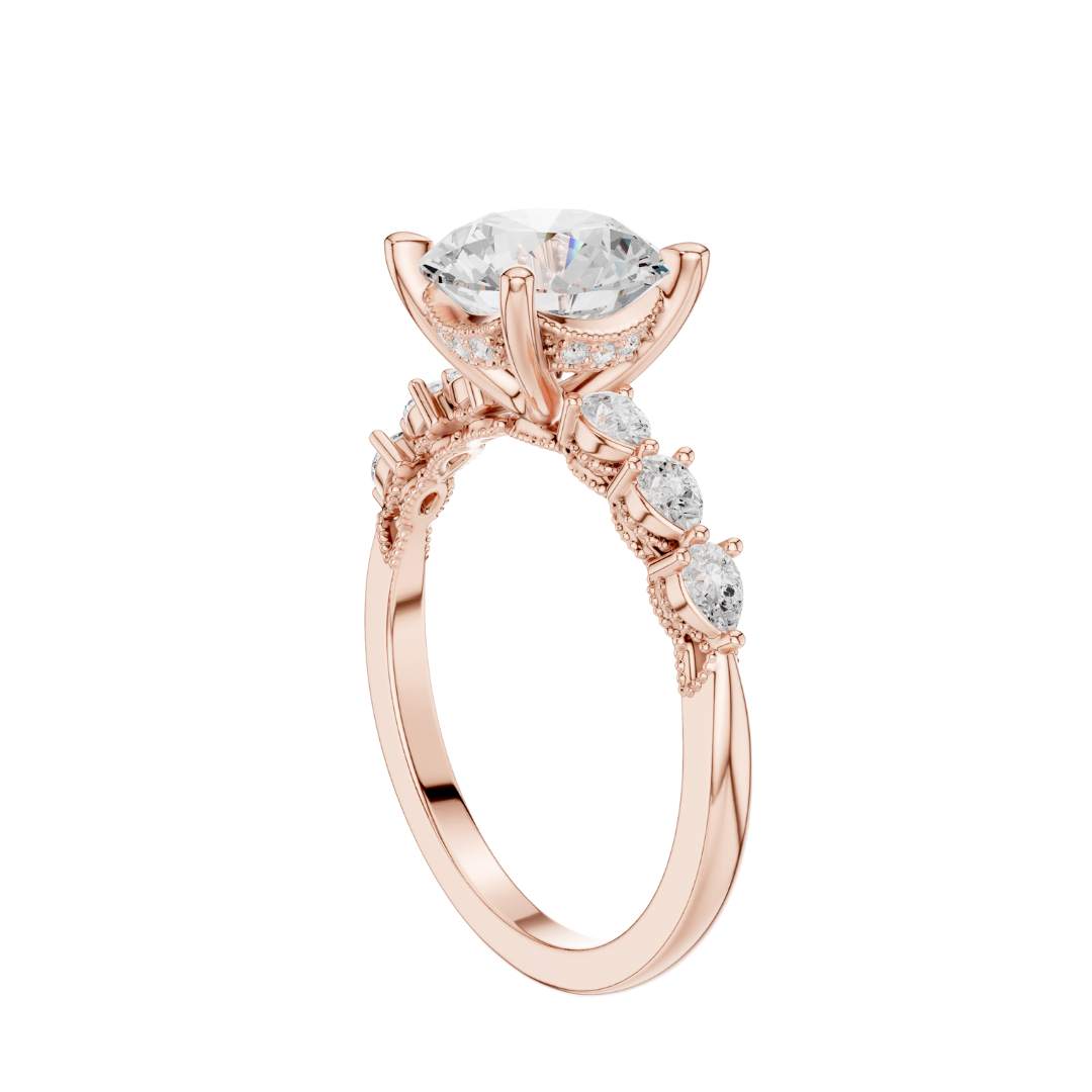Round Cut Brilliant Moissanite Diamond Ring With Pear Accents Band - View 11