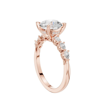 Round Cut Brilliant Moissanite Diamond Ring With Pear Accents Band - View 11