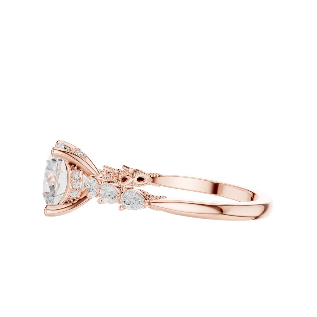 round cut brilliant moissanite diamond ring with pear accents band - view 8