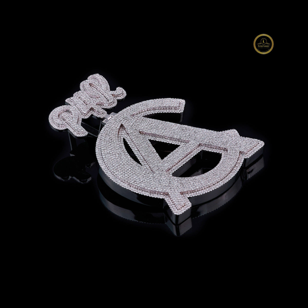 luxury custom initial lab grown diamond pendant with crown high shine hip hop look - view 3